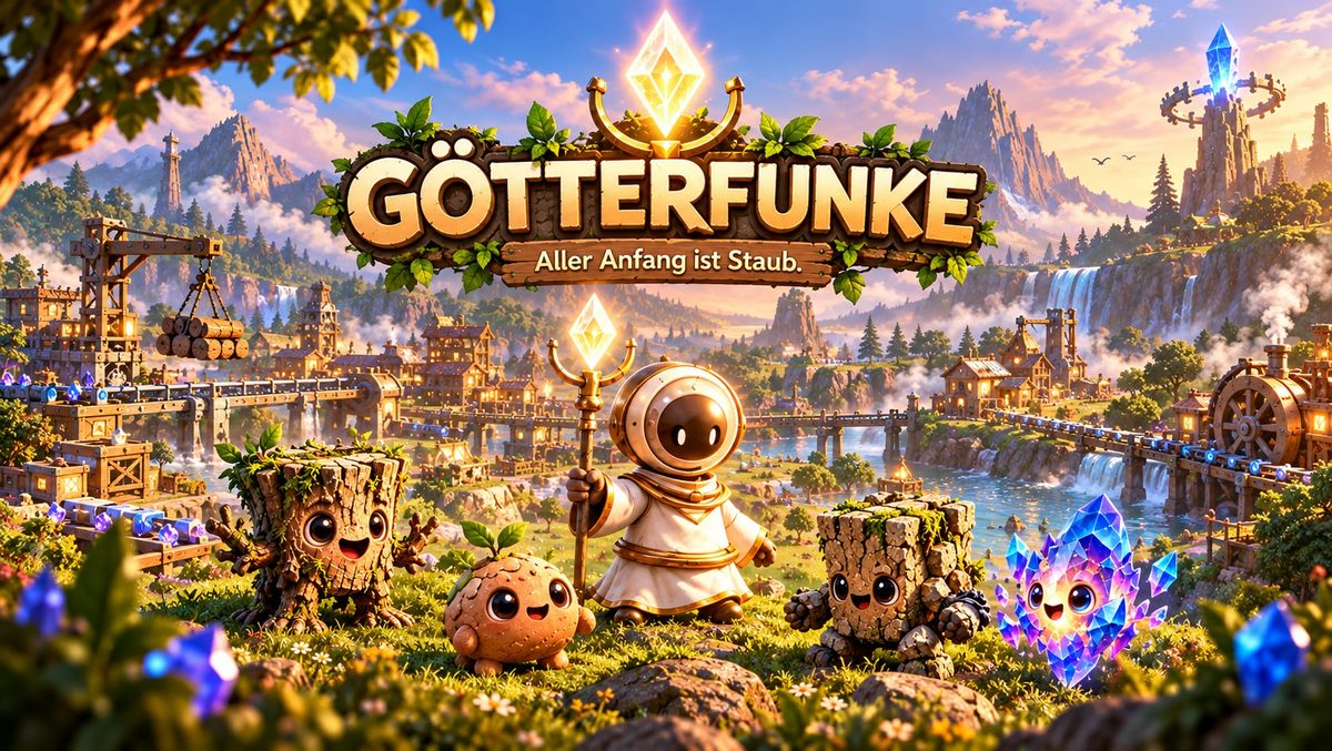 Der Schriftzug Götterfunke mit dem Untertitel „Aller Anfang ist Staub.“ über einer Landschaft voller Werkstätten, Förderbänder und Wasserräder. Vorne steht der kleine Gott mit seinem Stab, umringt von seinen Wesen aus Holz, Lehm, Stein und Kristall.
